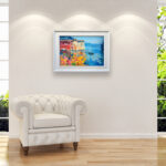 Portofino painting, original oil painting on canvas hanging in a modern living room with a white sofa and home decor