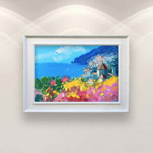 Positano Amalfi Coast oil painting on canvas with cactus, original modern impressionist wall art, framed, perfect for living room wall decor and as unique gift for her, displayed on the wall above a sofa in a stylish living room