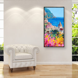 Positano oil painting on canvas, original modern impressionist Amalfi Coast wall art, framed, perfect for living room wall decor and as unique gift for her, displayed on the wall above a white sofa in a stylish living room