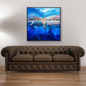 Positano painting, original oil painting on canvas hanging in a modern living room with a brown sofa and home decor