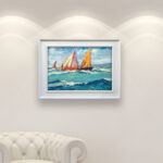 Sailboats Painting on Canvas, Oil Painting Original, Modern Textured Ocean Art for Room , Framed Art, Home Decor and Unique Gift for Him displayed in a living room with a white sofa