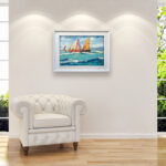 Sailboats Painting on Canvas, Oil Painting Original, Modern Textured Ocean Art for Room , Framed Art, Home Decor and Unique Gift for Him displayed in a living room with a white sofa