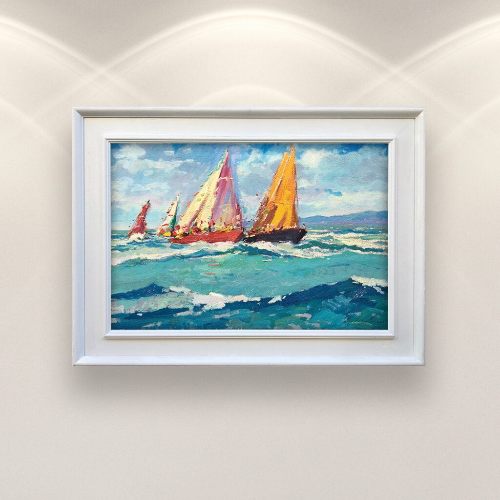 Sailboats Painting on Canvas, Oil Painting Original, Modern Textured Ocean Art for Room , Framed Art, Home Decor and Unique Gift for Him displayed in a living room with a white sofa