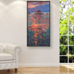 Impressionist Sunset Seascape painting on Canvas, Original Oil Painting, Impressionist Wall Decor for Living Room, Home Decor and Unique Gift Ideas displayed in a living room with a white sofa