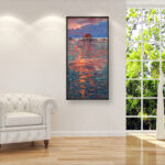 Impressionist Sunset Seascape painting on Canvas, Original Oil Painting, Impressionist Wall Decor for Living Room, Home Decor and Unique Gift Ideas displayed in a living room with a white sofa