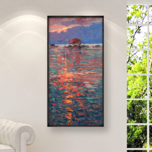 Impressionist Sunset Seascape Painting on Canvas, Original Oil Painting, Impressionist Wall Decor for Living Room, Home Decor and Unique Gift Ideas displayed in a living room with a white sofa