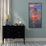 Impressionist Sunset Seascape on Canvas, Original Oil Painting, Impressionist Wall Decor for Living Room, Home Decor and Unique Gift Ideas displayed in a modern living room with chest of drawers