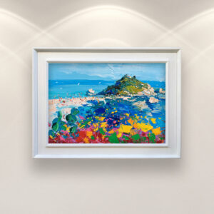 Taormina Oil Painting on Canvas, Original Italian Modern Art, Framed, Displayed on the Wall Above a White Sofa in a Stylish Living Room