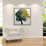 Tree painting, original oil painting on canvas hanging in a modern living room with a white sofa and home decor