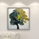 Tree painting, original oil painting on canvas hanging in a modern living room with a white sofa and home decor