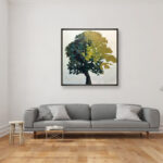 Tree painting, original oil painting on canvas hanging in a modern living room with a gray sofa and home decor