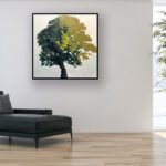 Tree painting, original oil painting on canvas hanging in a modern living room with a black sofa and home decor