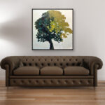 Tree painting, original oil painting on canvas hanging in a modern living room with a brown sofa and home decor