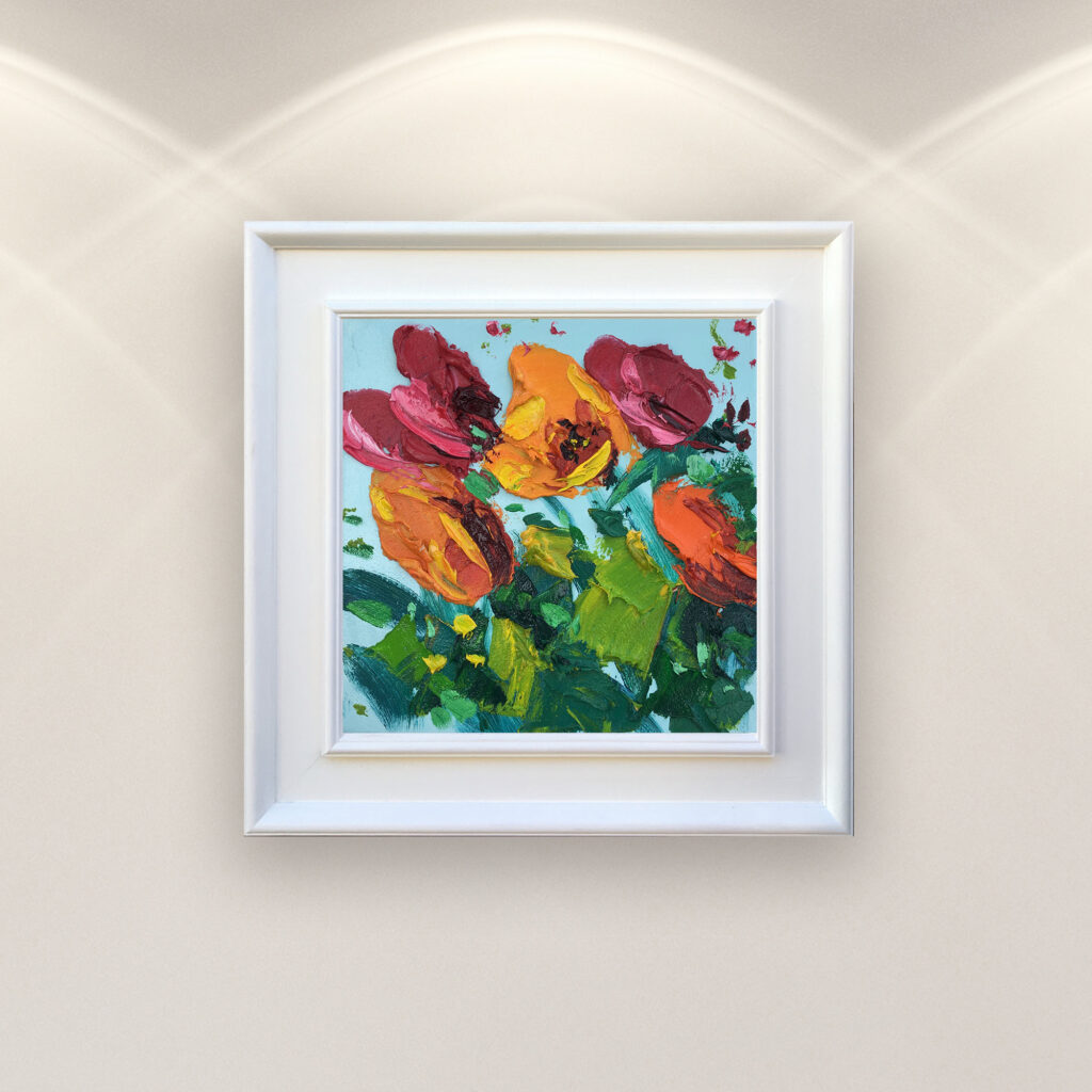 Tulips flowers oil painting on canvas, original modern textured colorful floral wall art, framed, perfect for kitchen wall decor and as unique gift for her, displayed on the wall in a stylish room