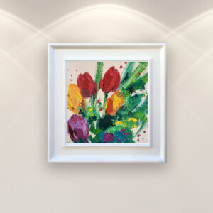 Tulips flowers oil painting on canvas, original modern textured colorful floral wall art, framed, perfect for kitchen wall decor and as unique gift for her, displayed on the wall in a stylish room