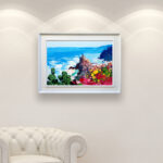 Vernazza Cinque Terre painting with cactus and flowers, original oil painting on canvas hanging in a modern living room with a white sofa and home decor