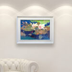 Water Lilies painting, original oil painting on canvas hanging in a modern living room with a white sofa and home decor