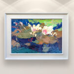 Water Lilies painting, original oil painting on canvas hanging in a modern living room with a white sofa and home decor