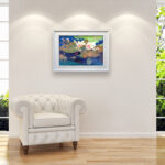 Water Lilies painting, original oil painting on canvas hanging in a modern living room with a white sofa and home decor