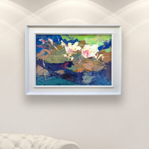 Water Lilies painting, original oil painting on canvas hanging in a modern living room with a white sofa and home decor