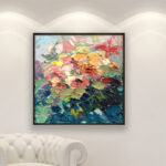 Roses painting, original oil painting on canvas hanging on a modern wall, viewed from a medium distance.