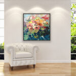 Roses painting, original oil painting on canvas hanging in a stylish living room, showing full room decor.