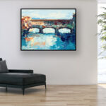 Ponte Vecchio Florence painting, original oil painting on canvas hanging in a modern living room with a black sofa and home decor