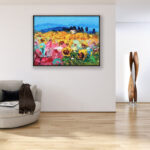 Landscape painting, original oil painting on canvas hanging in a modern living room with a beige sofa and home decor