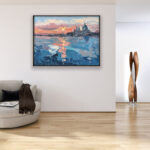 Venice painting, original oil painting on canvas hanging in a modern living room with a beige sofa and home decor