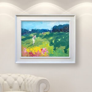 Golf painting, original oil painting on canvas hanging in a modern living room with a white sofa and home decor