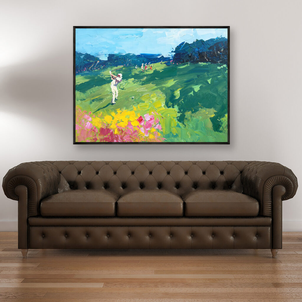 Golf oil painting on canvas, original modern textured landscape wall art, framed, perfect for living room wall decor and as unique gift, displayed on the wall above a brown sofa in a stylish living room