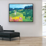 Golf oil painting on canvas, original modern textured landscape wall art, framed, perfect for living room wall decor and as unique gift, displayed on the wall above a black sofa in a stylish living room