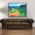 Golf oil painting on canvas, original modern textured landscape wall art, framed, perfect for living room wall decor and as unique gift, displayed on the wall above a brown sofa in a stylish living room