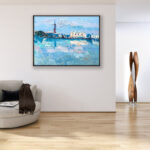 Venice painting, original oil painting on canvas hanging in a modern living room with a beige sofa and home decor