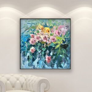 Roses Oil Painting on Canvas, Modern Textured Floral Wall Art, Original Wall Decor for Living Room, Handmade Gift Idea for Women displayed in a living room with a white sofa and elegant home decor