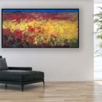 Abstract Landscape painting, original oil painting on canvas hanging in a modern living room with a black sofa