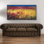 Abstract Landscape painting, original oil painting on canvas hanging in a modern living room with a brown sofa