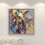 Abstract painting, original oil painting on canvas hanging in a modern living room with a white sofa and home decor