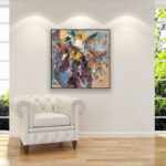 Abstract painting, original oil painting on canvas hanging in a modern living room with a white sofa and home decor