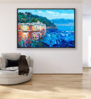 Portofino painting, original oil painting on canvas hanging in a modern living room with a beige sofa