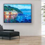 Portofino painting, original oil painting on canvas hanging in a modern living room with a black sofa