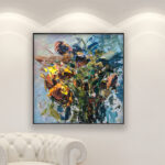 Sunflowers painting, original oil painting on canvas hanging in a modern living room with a white sofa and home decor