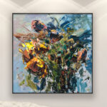 Sunflowers painting, original oil painting on canvas hanging in a modern living room with a white sofa and home decor