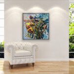 Sunflowers painting, original oil painting on canvas hanging in a modern living room with a white sofa and home decor