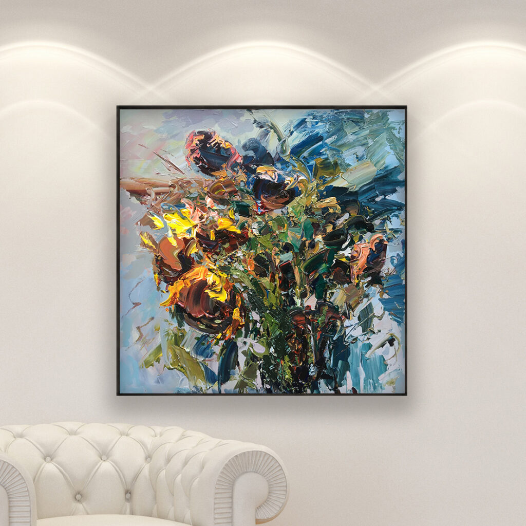 Sunflowers painting, original oil painting on canvas hanging in a modern living room with a white sofa and home decor