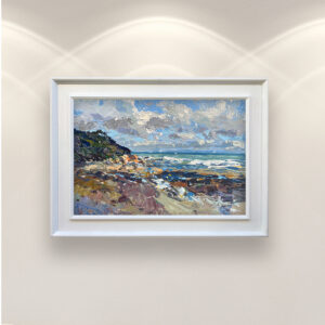 Beach painting, original oil painting on canvas, hanging on a modern wall