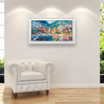 Positano oil painting on canvas, original modern impressionist Amalfi Coast wall art, framed, perfect for living room wall decor and as unique gift for her, displayed on the wall above a white sofa in a stylish living room