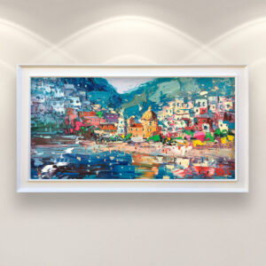 Positano oil painting on canvas, original modern impressionist Amalfi Coast wall art, framed, perfect for living room wall decor and as unique gift for her, displayed on the wall above a white sofa in a stylish living room