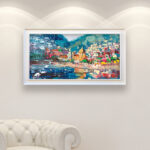 Positano oil painting on canvas, original modern impressionist Amalfi Coast wall art, framed, perfect for living room wall decor and as unique gift for her, displayed on the wall above a white sofa in a stylish living room