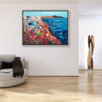 Santorini painting, original oil painting on canvas hanging in a modern living room with a beige sofa and home decor